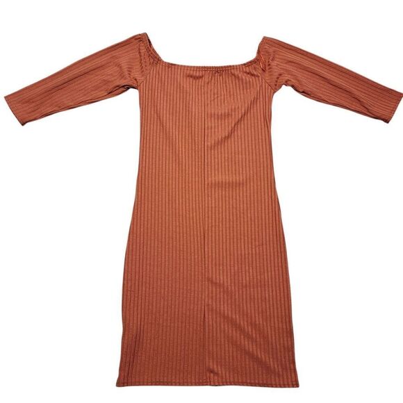 Say What? Bodycon Sweater Dress Womens M Orange Ribbed Long Sleeve Off Shoulder - Picture 2 of 9